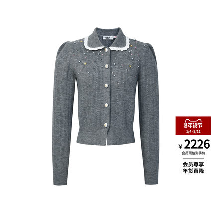 lefame拉飞姆2025年冬季新款珠饰洛可可针织开衫