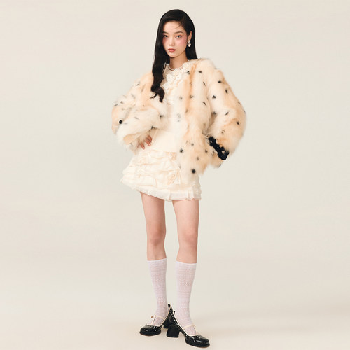 lefame拉飞姆时尚百搭波点狐狸毛皮草外套毛毛上衣女