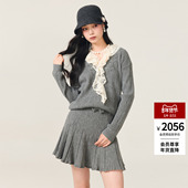 lefame拉飞姆2025冬季 上衣女 灰色针织拼接荷叶领套头长袖 新款 法式