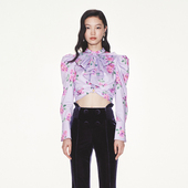 lefame拉飞姆蝴蝶结宫廷泡泡袖 港风印花上衣