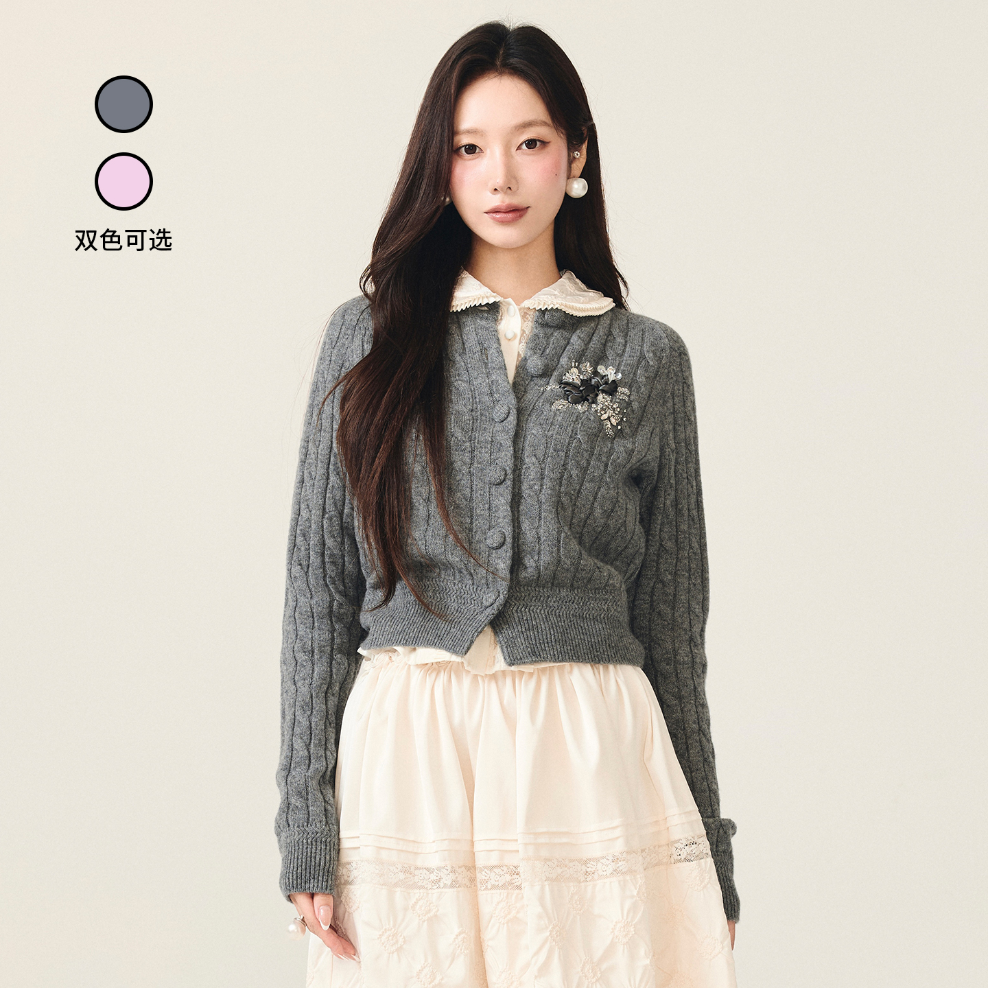 lefame拉飞姆2025年冬季新款丝带珠饰娃娃领针织开衫长袖小上衣女