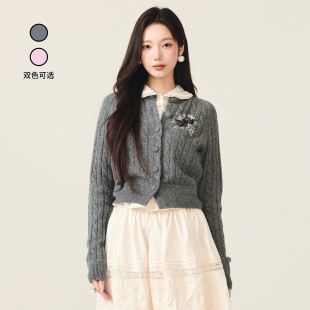 长袖 丝带珠饰娃娃领针织开衫 小上衣女 新款 lefame拉飞姆2025年冬季