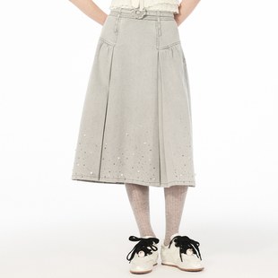 珠饰双腰头烫钻设计牛仔长半裙女 时尚 lefame拉飞姆2026夏季 新款