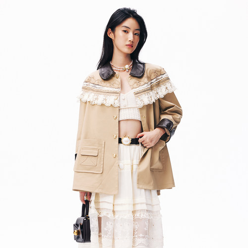 lefame拉飞姆2026秋季新款时尚蕾丝绣花云肩风衣中长款外套气质女