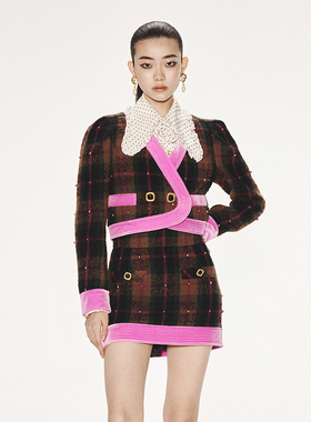 lefame拉飞姆复古港风撞色格纹图案截短外套