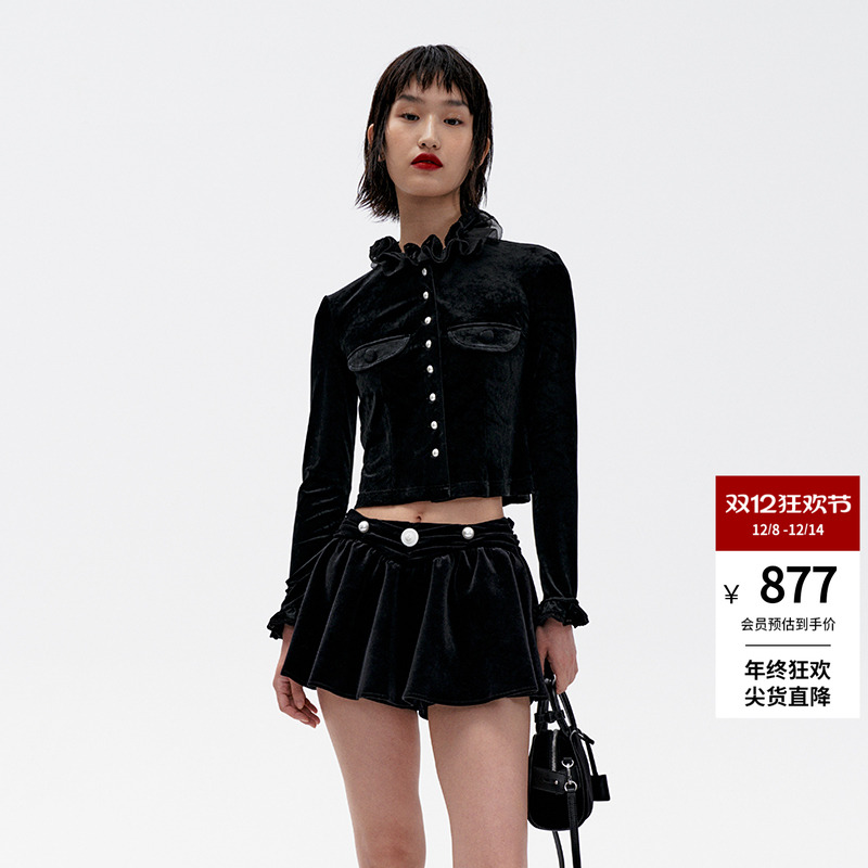 lefame拉飞姆冬季欧根纱荷叶边上衣黑丝绒衬衫设计感