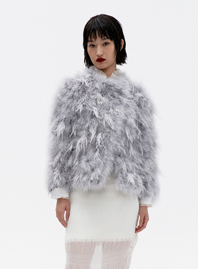 lefame拉飞姆冬季奢华贵气灰色火鸡毛装饰外套