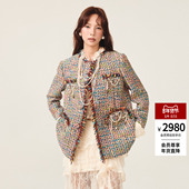 lefame拉飞姆2025冬季 新款 复古波嬉摩登多彩粗花呢中长外套上衣女