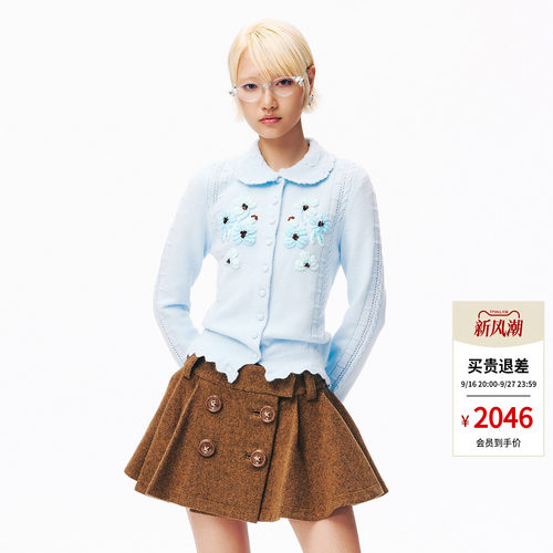 lefame拉飞姆2026秋季新款浅蓝色洛可可立体钩花娃娃领针织外套女
