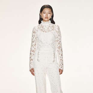 lefame拉飞姆浪漫宫廷修身 蕾丝上衣 白色花纹短款