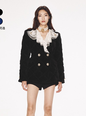 le fame拉飞姆法式浪漫雪尼尔黑色拼接撞色棉服羽绒服外套