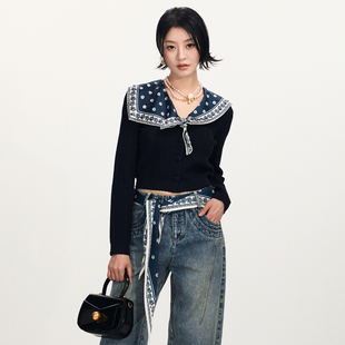 lefame拉飞姆2026春季新款田园风珠饰印花丝巾披肩针织开衫上衣女