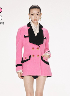 lefame拉飞姆华丽复古港风丝绒拼接领玫红大衣