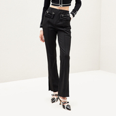 裤 西装 女士裤 子修身 lefame拉飞姆百搭修身 显瘦长裤 黑色微喇休闲裤