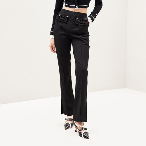 lefame拉飞姆百搭修身黑色微喇裤休闲裤高腰女士裤子