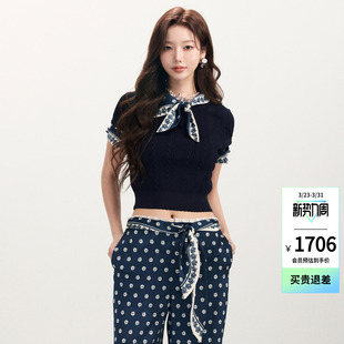 珠饰印花丝巾针织短袖 时尚 T恤小上衣女 新款 lefame拉飞姆2026春季