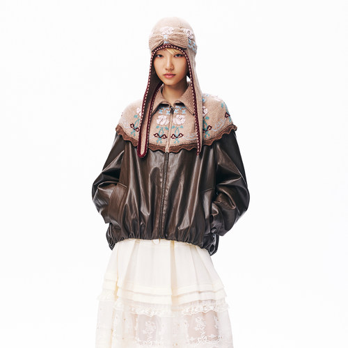lefame拉飞姆2026秋季新款时尚珠饰费尔岛毛织PU皮棉服外套女上衣