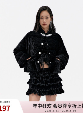 lefame拉飞姆新中式黑色立领绣花丝绒羽绒服温暖外套女