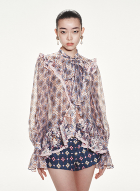 lefame拉飞姆复古风欧根纱印花放松嬉皮上衣