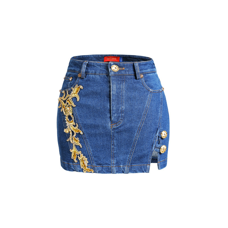 【乘风破浪姐姐同款】拉飞姆2020麦穗刺绣开叉牛仔裤裙