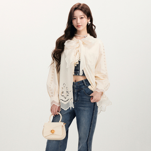 lefame拉飞姆2026春季新款时尚马德拉刺绣镂空设计长袖休闲衬衫女