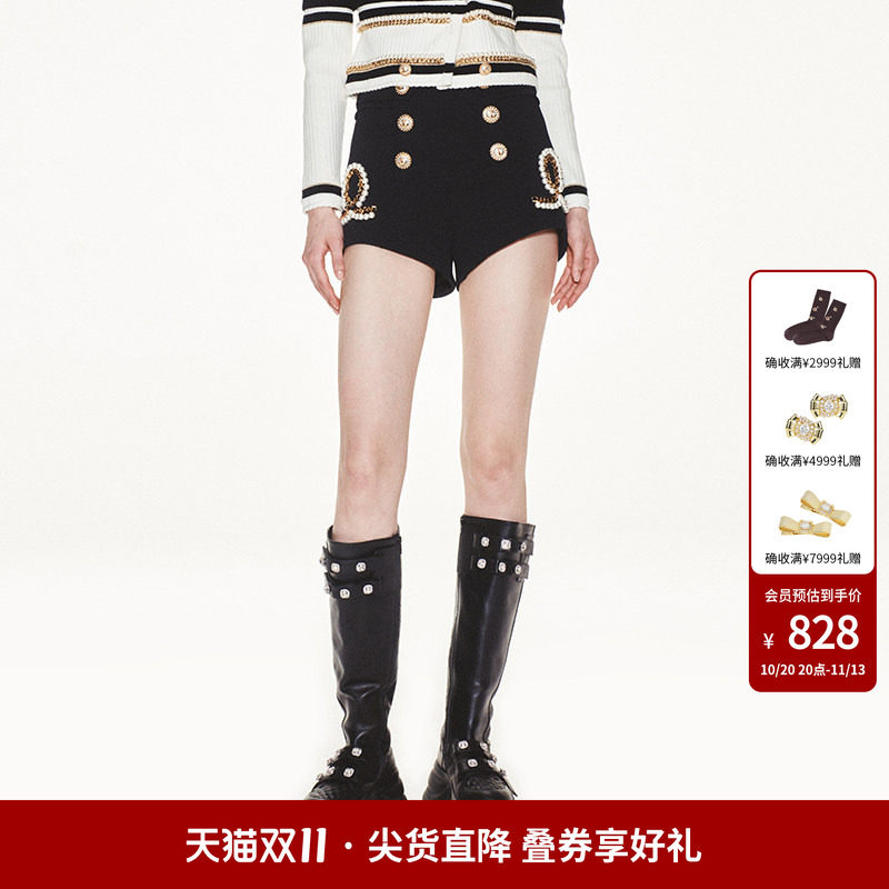 lefame拉飞姆珍珠链条装饰黑色小A型斜纹短裤