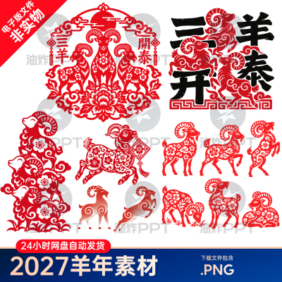 红非遗国潮中式剪纸羊年镂空纹样窗花新年春节2027设计素材海报