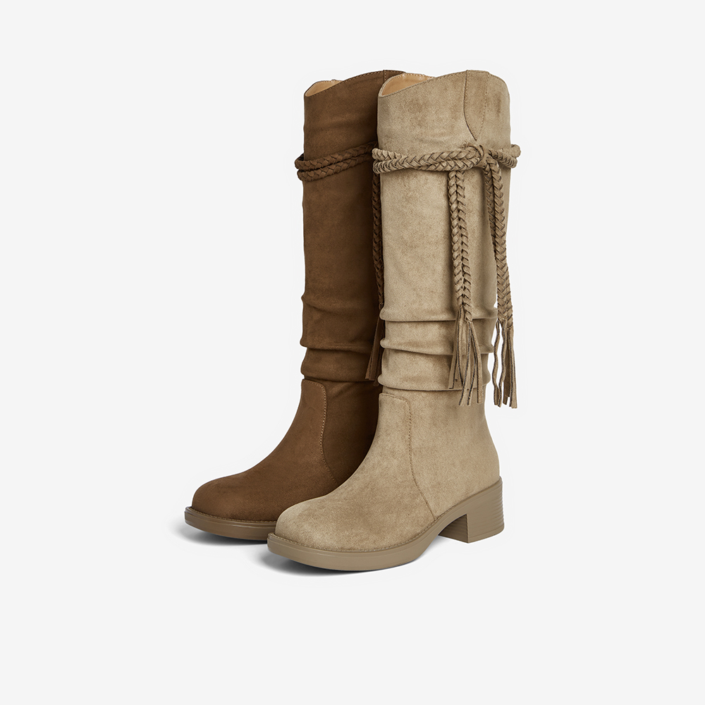 百思图2025冬季新款时尚复古西部靴堆堆长靴粗跟女高筒靴B9200DG5