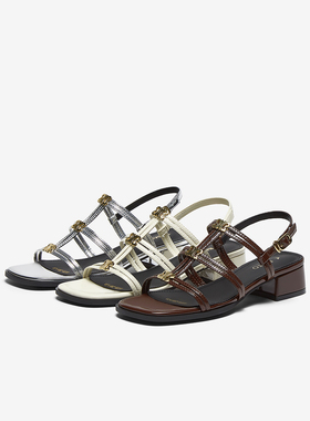 百思图2025夏季新款时尚复古罗马凉粗跟方头粗跟女凉鞋B5378BL5