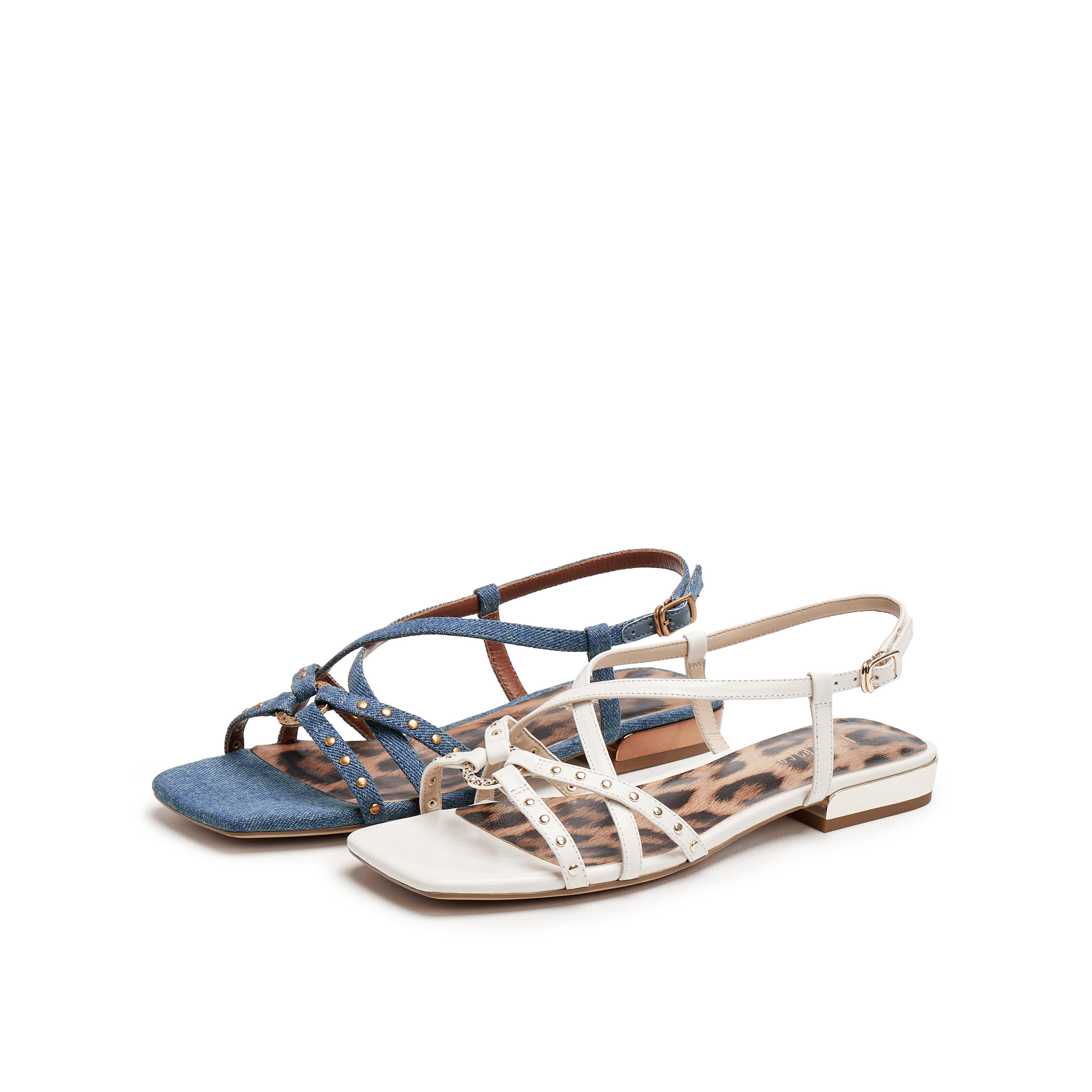 真美诗2025夏新款气质牛仔蓝豹纹铆钉细带平底罗马凉鞋女YQT45BL5,女鞋,罗马凉鞋,淘宝优惠券,粉丝福利购,淘宝优惠卷