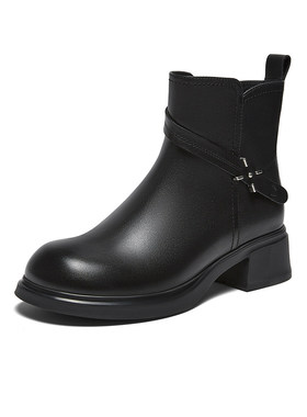 百思图2025冬季商场新款牛皮休闲靴通勤圆头粗跟女短靴H1586DD5