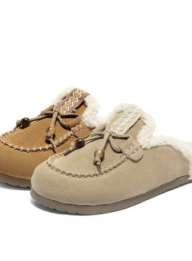 森达真皮毛毛鞋女2025冬新商场同款加绒加厚东北保暖拖鞋XST01DT5