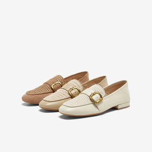 粗跟方头女单鞋 A0538AA5 通勤羊皮一脚蹬乐福鞋 百思图2025春新款