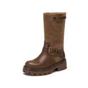 思加图2025新款 靴EIW05DG5 英伦风棕色骑士靴长靴高筒靴粗跟女时装