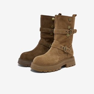 百思图25冬商场新款 加绒真皮西部靴堆堆靴厚底女棕色短靴BP338DZ5