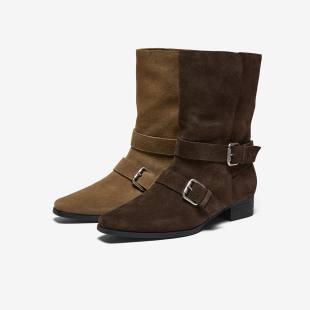 真皮西部靴时尚 复古粗跟尖头女短靴K5053DZ5 新款 百思图2025冬季