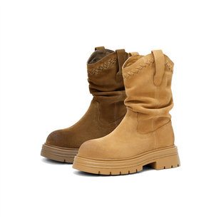 森达休闲复古中筒靴厚底褶皱草原旅行穿搭西部堆堆靴ZTI21DZ5
