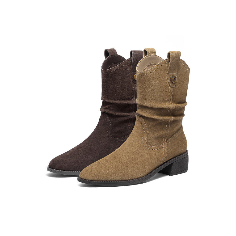 森达微笑靴子女25秋复古西部靴厚底时装靴粗跟短筒靴显瘦4QH60DZ5