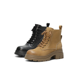 森达厚底马丁靴女2025冬新商场同款酷飒圆头系带真皮短靴XTB01DD5