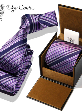 UGO意大利高档莫奈紫色真丝领带男士结婚休闲正装男友生日礼物