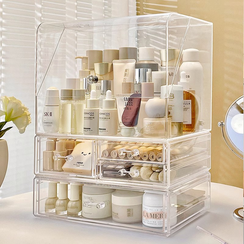 化妆品收纳盒桌面防尘梳妆台护肤品口红置物架透明亚克力整理箱柜