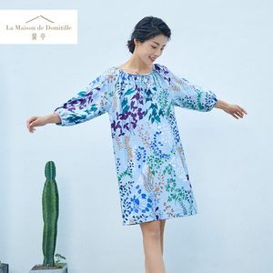 馨亭春夏曼茜七分袖睡裙女夏薄款纯棉睡裙印花棉质家居服