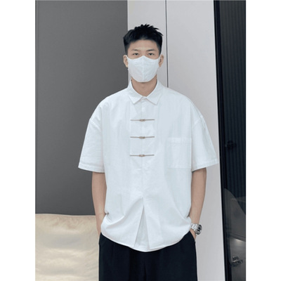 新中式男装金属扣衬衫男短袖夏季发型师潮牌汉服订婚穿搭衬衣