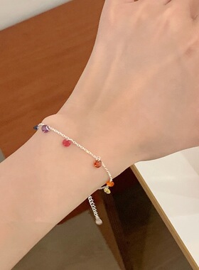 小清新925纯银圆形彩色锆石手链女素银显白小众设计ins简约甜美风