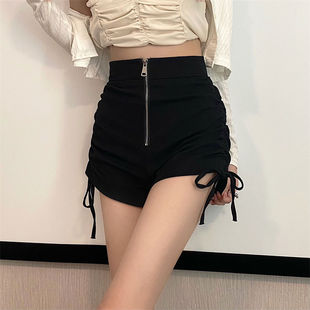 新款 胖mm阔脚裤 2025夏季 大码 女高腰显瘦拉链A字短裤 黑色休闲热裤