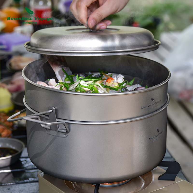 界者纯钛户外蒸锅4.5L便携汤锅露营锅具野营平底锅火锅大容量套锅