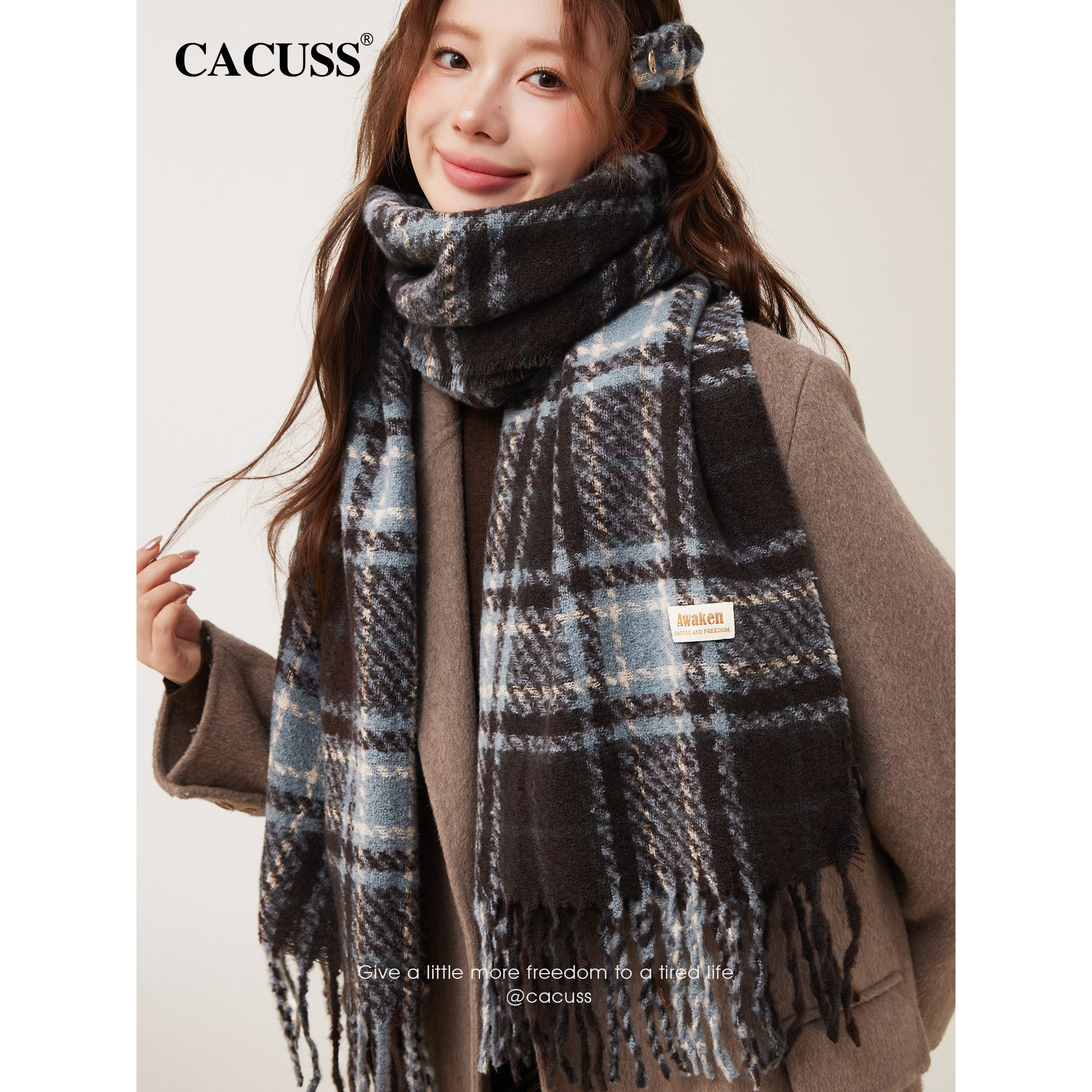CACUSS秋冬围巾女仿羊绒格子保暖披肩韩系学生围脖生日礼物高级感