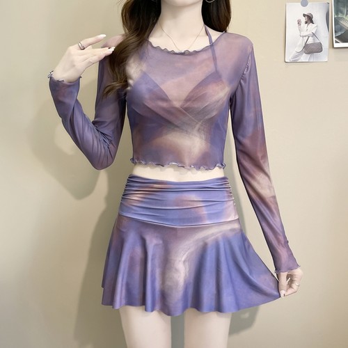 泳衣女2025年分体高腰遮肉显瘦长袖防晒平角裙式性感比基尼三件套