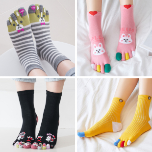 蓝姿欣秋冬五指袜女棉短筒中筒可爱卡通纯短筒棉分脚趾袜防臭透气