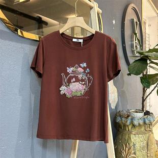 短袖2025夏季新款修身圆领刺绣吉蒂莫代尔棉女装T恤时尚印花
